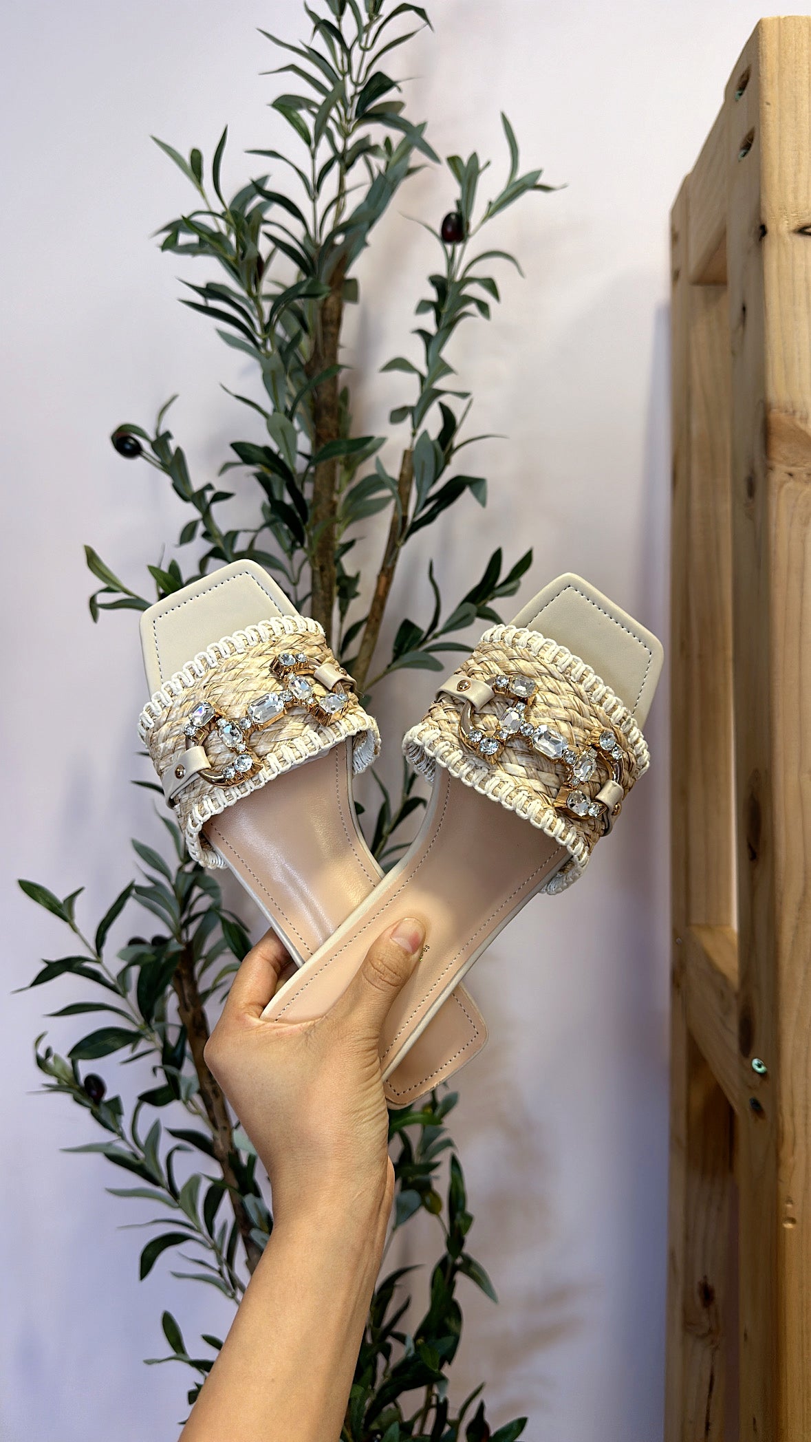 DIAMOND EMBELLISHED RAFFIA SANDALS