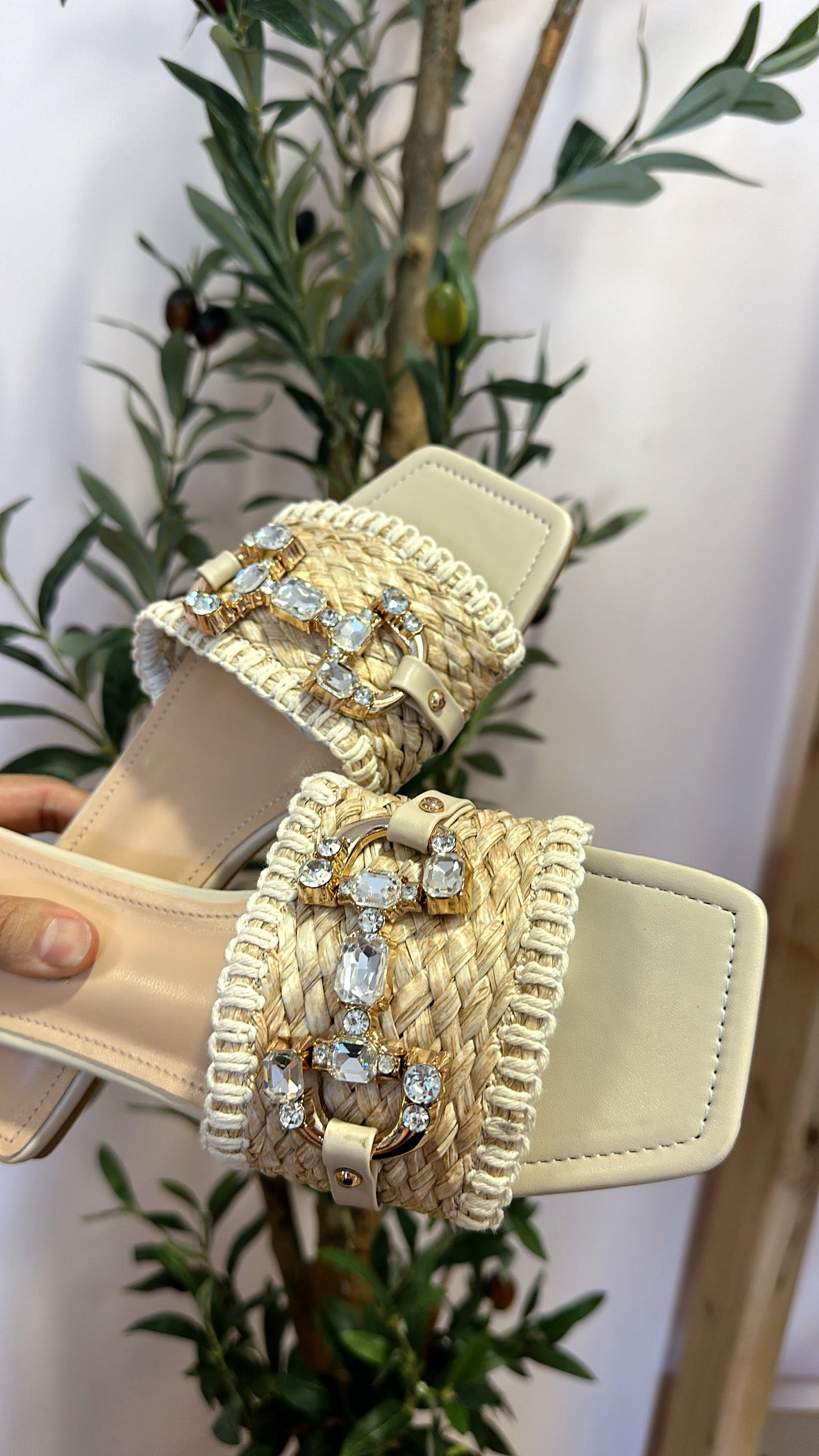 DIAMOND EMBELLISHED RAFFIA SANDALS