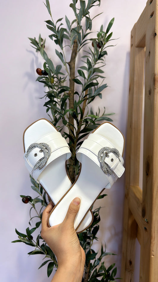 GRECIA GLITZY LARGE BUCKLE SLIDES
