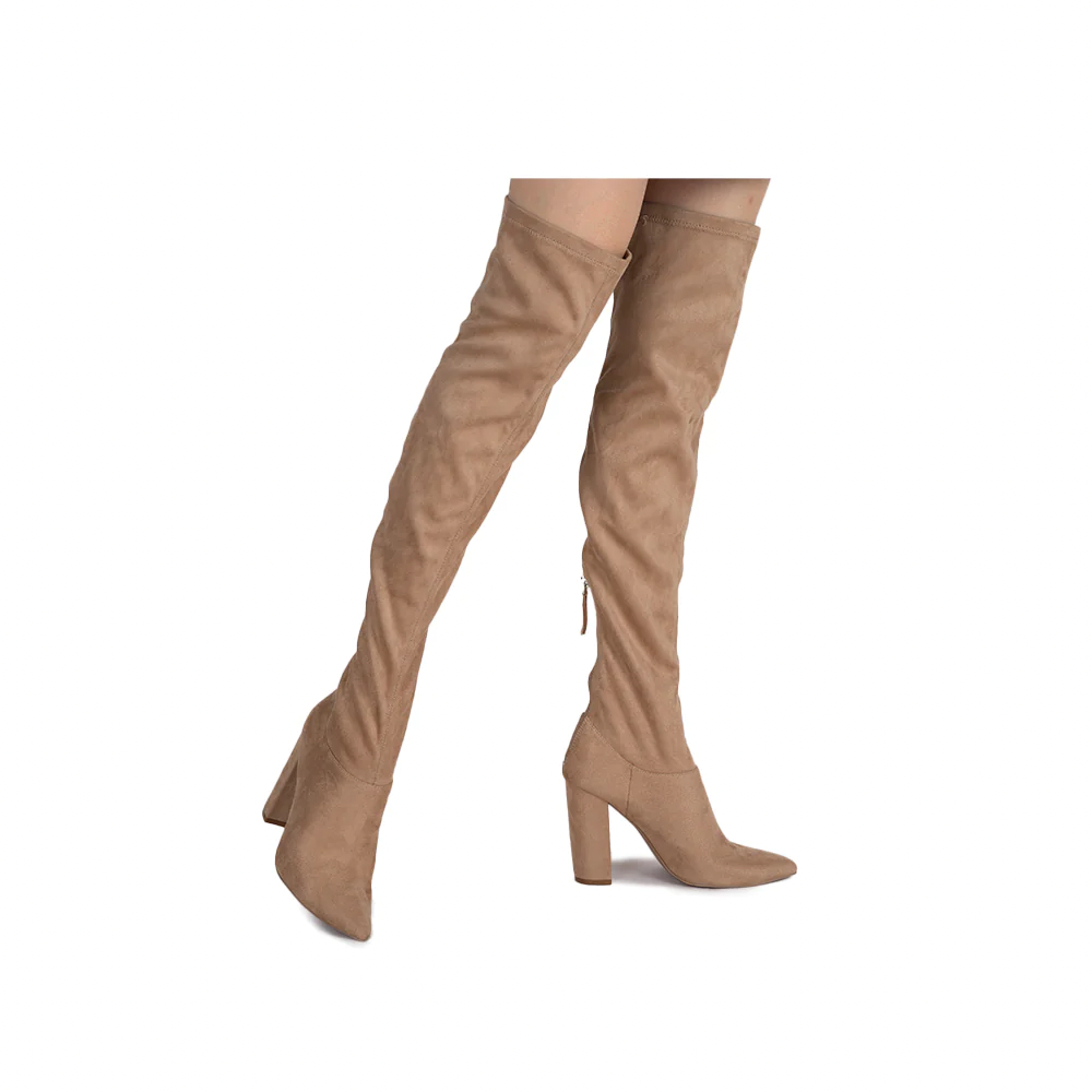 THIGH HIGH BLOCK HEEL POINTED TOE BOOTS