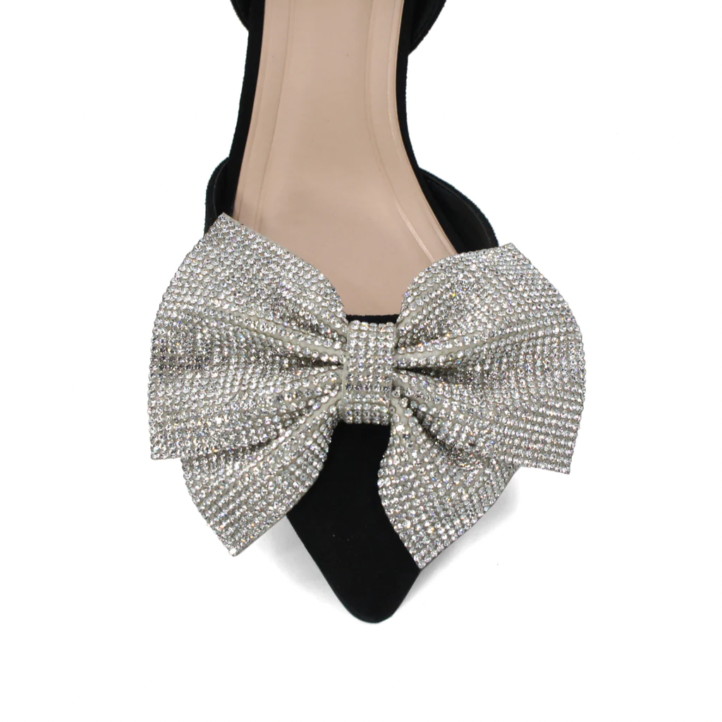 BOW EMBELLISHED POINTED TOE SUEDE SLINGBACK HEELS