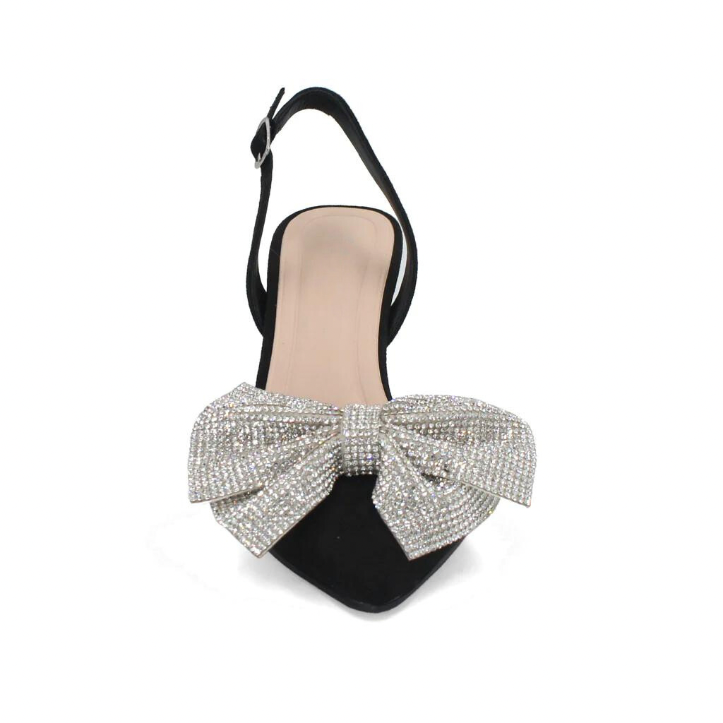 BOW EMBELLISHED POINTED TOE SUEDE SLINGBACK HEELS