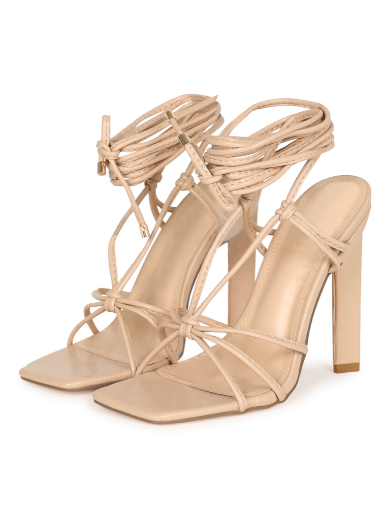 BEVERLY SQUARE TOE STRAPPY LACE UP HEELS