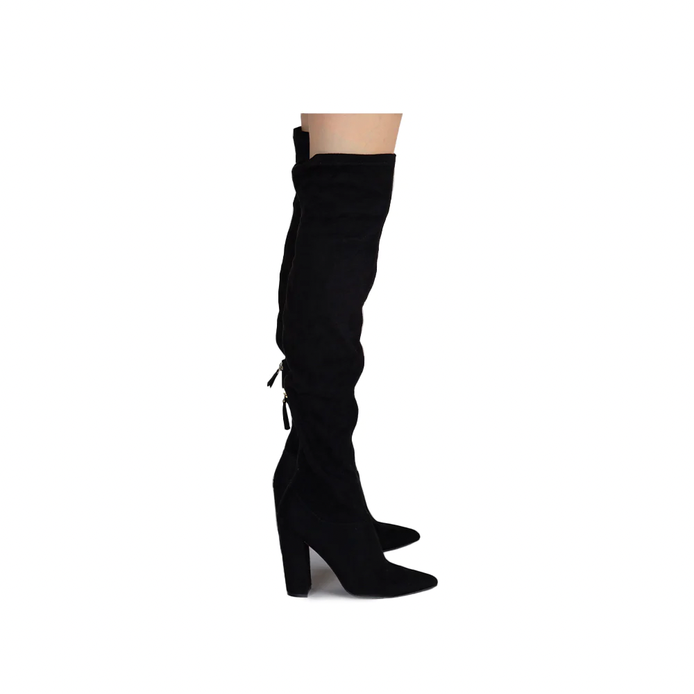 THIGH HIGH BLOCK HEEL POINTED TOE BOOTS