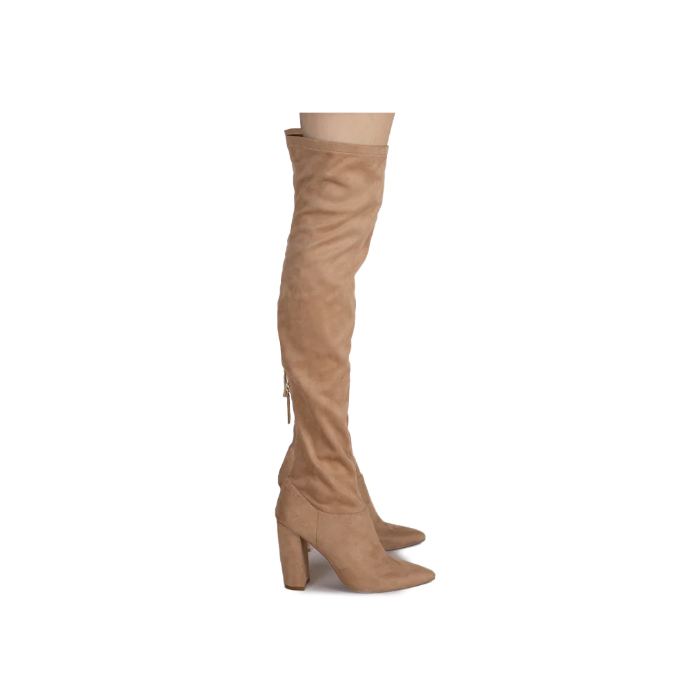 THIGH HIGH BLOCK HEEL POINTED TOE BOOTS