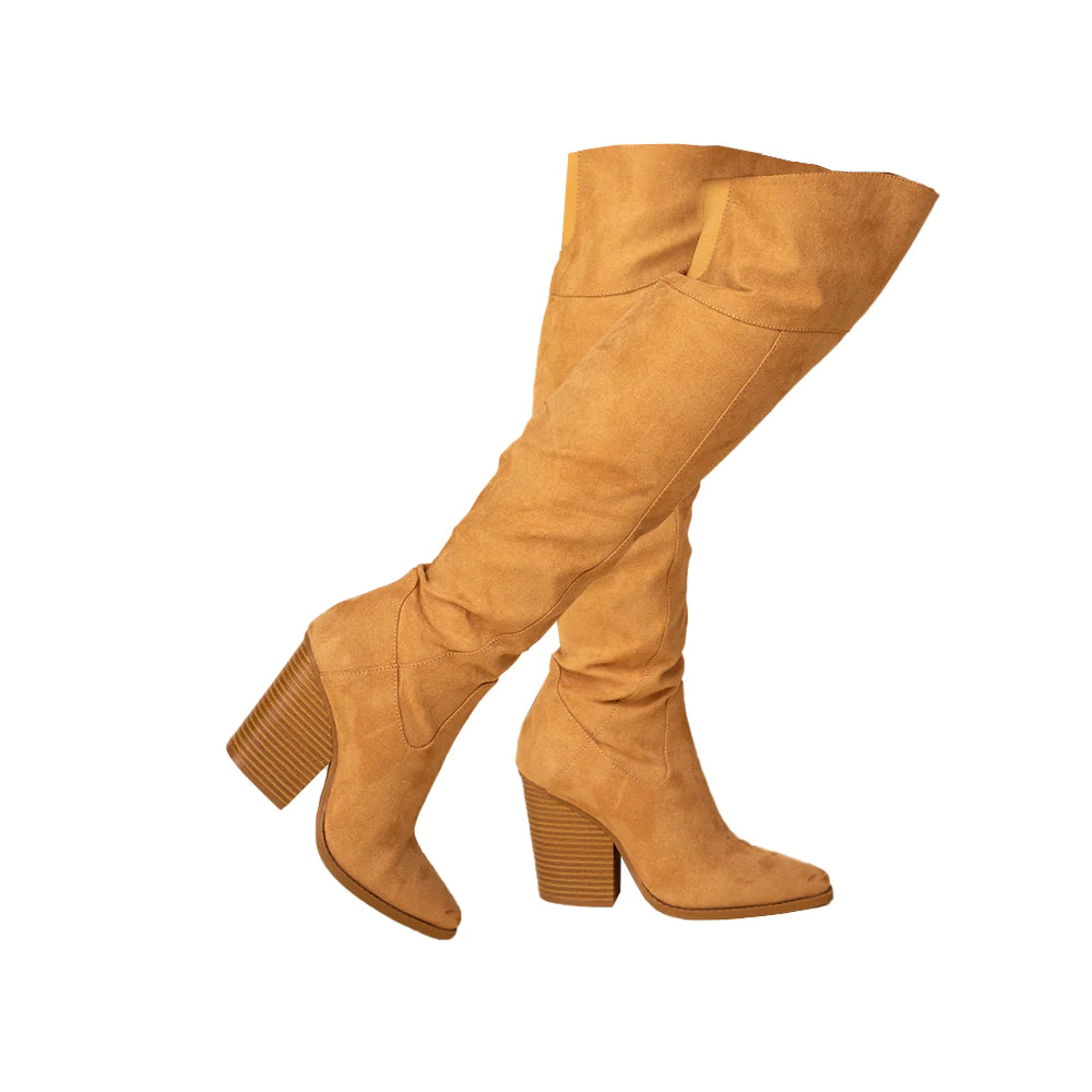 WOODEN BLOCK HEEL KNEE HIGH BOOTS