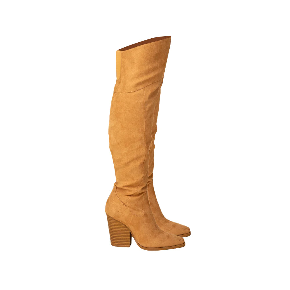 WOODEN BLOCK HEEL KNEE HIGH BOOTS