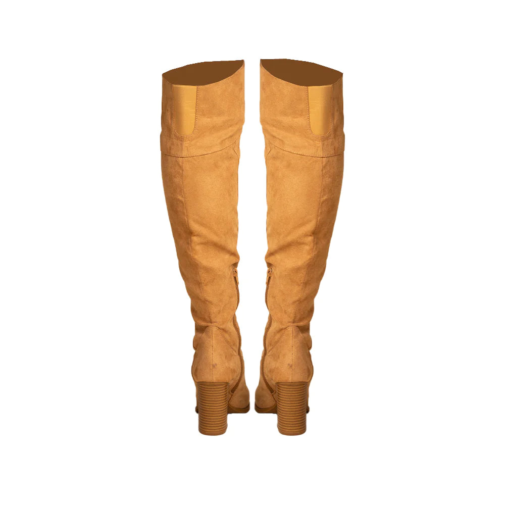 WOODEN BLOCK HEEL KNEE HIGH BOOTS