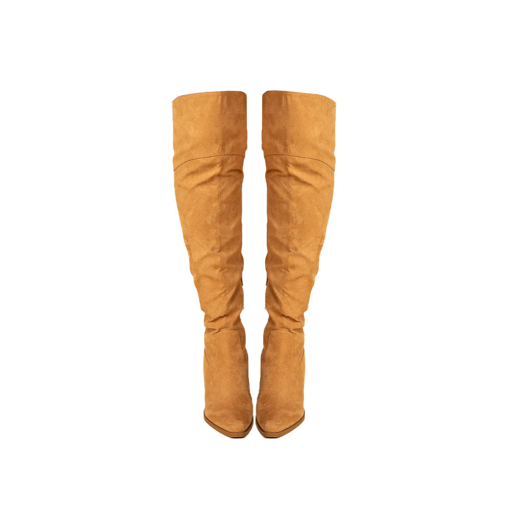 WOODEN BLOCK HEEL KNEE HIGH BOOTS