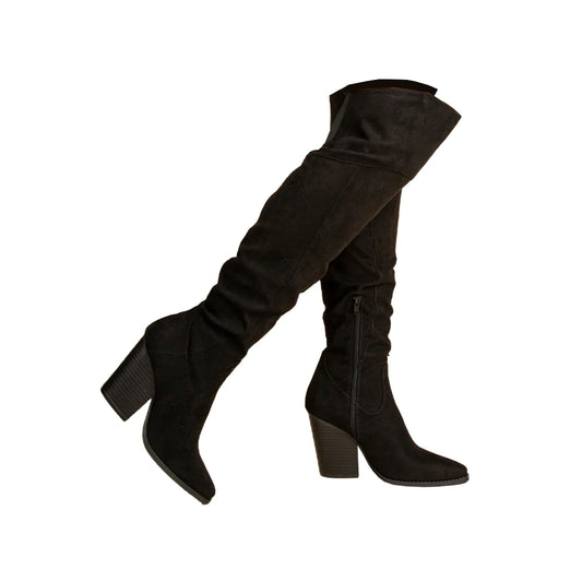 WOODEN BLOCK HEEL KNEE HIGH BOOTS