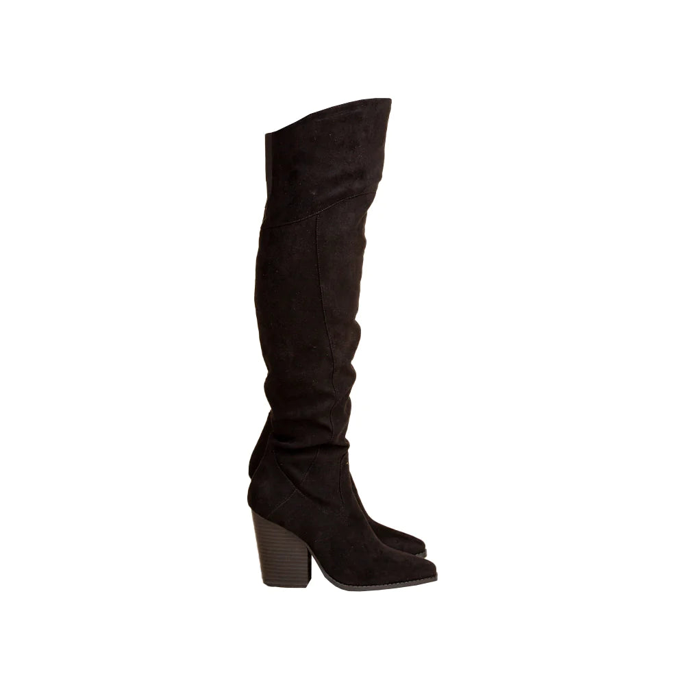 WOODEN BLOCK HEEL KNEE HIGH BOOTS