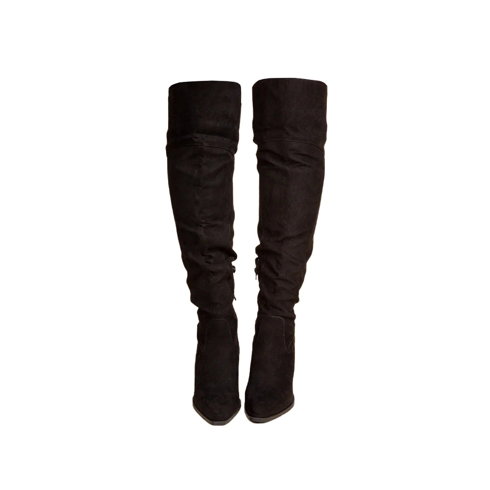 WOODEN BLOCK HEEL KNEE HIGH BOOTS