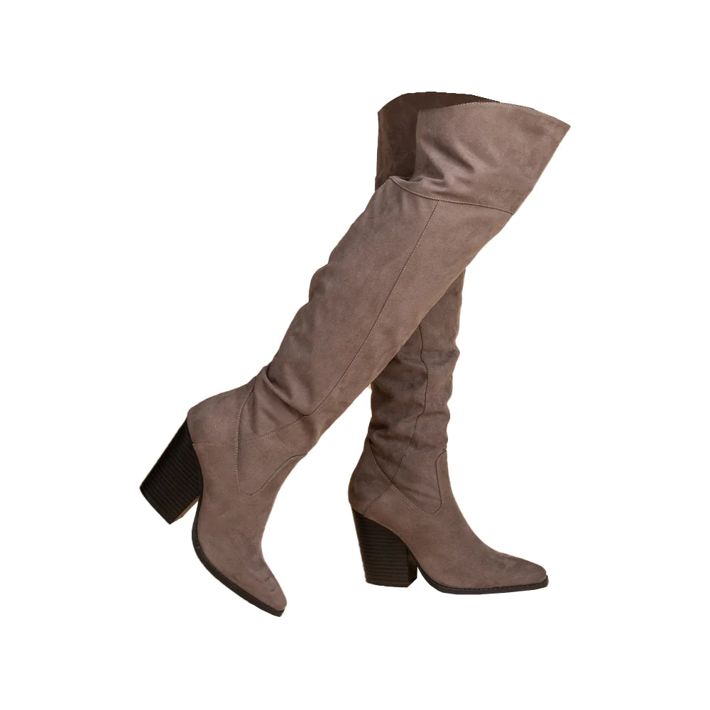 WOODEN BLOCK HEEL KNEE HIGH BOOTS