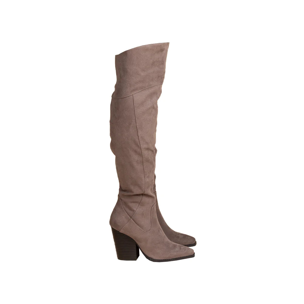 WOODEN BLOCK HEEL KNEE HIGH BOOTS