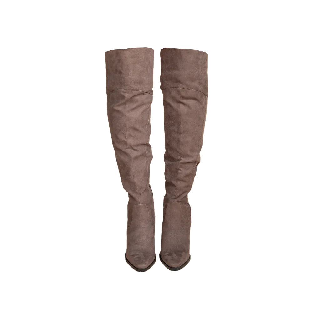 WOODEN BLOCK HEEL KNEE HIGH BOOTS