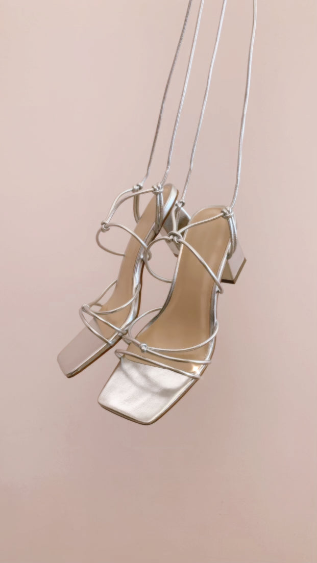 METALLIC ANKLE STRAP BLOCK SANDALS